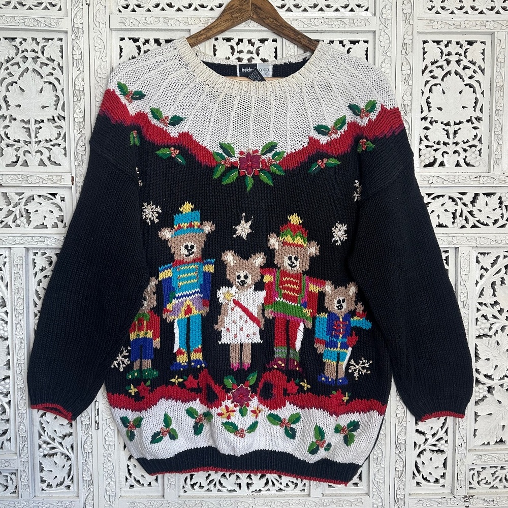 Vintage Christmas Teddy Bear Nutcracker Holiday Chunky Grannycore Sweater Sz‎ L